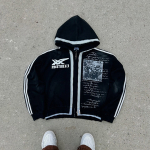 Sweat à capuche zippé triple couche personnalisé style streetwear, délavé à l'acide, vintage, coupe ample et carrée, effet usé, avec strass - Product Image 5