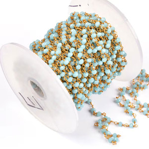 Cadena de Cuentas de Cristal Azul Cielo con Alambre Dorado, Estilo Rosario, Joyería Hecha a Mano - Product Image 3