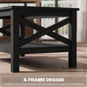 Tavolino da salotto nero con struttura in legno e piano in vetro temperato sotto il ripiano di stoccaggio - Product Image 5