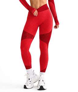 Leggings Deportivos Rojos sin Costuras para Mujer, Cintura Alta, Diseño Geométrico, Control de Abdomen, Largos - Product Image 1