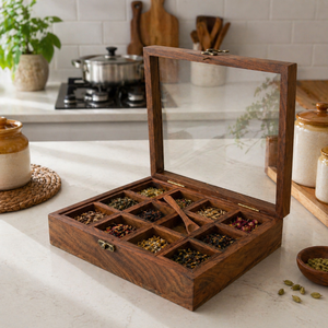Luxury Wooden <b>Spice</b> <b>Box</b> with Brass Inlay | Handcrafted Masala Dabba Organizer with Glass Lid | Premium Kitchen Storage Case - Product Image 3