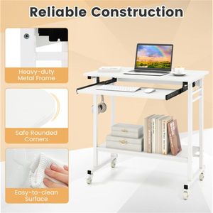 Escritorio Móvil Blanco para Computadora con Bandeja para Teclado y Estante de Almacenamiento, Ruedas Giratorias Bloqueables de 360° para Oficina en Casa - Product Image 6
