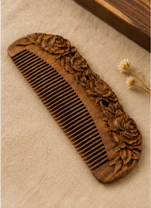 Hand Carved Wooden Hair Comb Floral Rose Design Natural Anti-Static Detangling Eco-Friendly Durable Curved <b>Beard</b> Hair Comb - Product Image 6