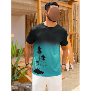 Teal Gradient Palm Tree Bird Silhouette Short Sleeve Crew Neck Casual Summer Men T <b>Shirt</b> - Product Image 3