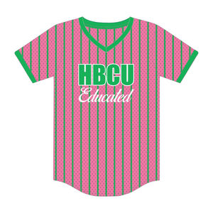 Camiseta de béisbol rosa con bordado de chenilla de la hermandad griega Divine Nine, estilo jersey, para venta al por mayor, 2026 HBCU Educated - Product Image 2
