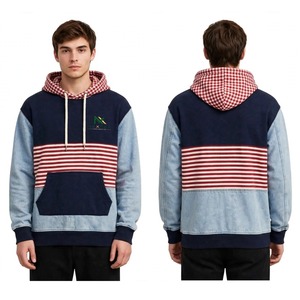 NEXTEX Sweat à capuche unisexe patchwork, rayures bleu marine, rouge et blanc, en denim léger, à carreaux, color block, en molleton de coton - Product Image 1