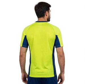 Maillot de football pour homme, jaune fluo et bleu, à blocs de couleur, manches courtes, anti-humidité, coupe classique, col en V, tissu mesh, personnalisable pour équipe - Product Image 2