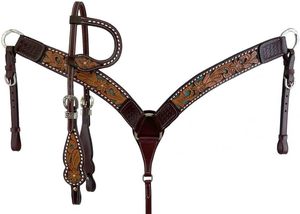 Decorative Hand Carved <b>Leather</b> Western Horse Tack Headstall Breast Collar Reins Set - Product Image 3