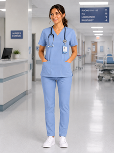 Women Sky Blue Medical <b>Scrub</b> Set V Neck Hospital Healthcare <b>Uniform</b> Nurse Workwear Top And Pan - Product Image 6