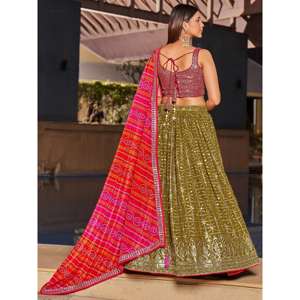 Fabuleux Paillettes Vert Olive Georgette Lehenga Choli Avec Dupatta - Product Image 1