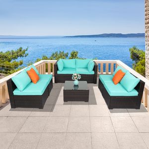 Set da 7 Pezzi in Rattan Marrone Sfumato con Cuscini Blu Lago, Divani da Giardino Sottovuoto - Product Image 2