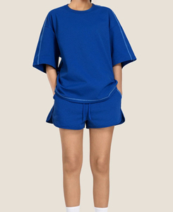 Ensemble de sport 2 pièces bleu pour femme, manches courtes, col rond, tricoté, coupe ample, respirant, printemps-été, couleur unie, ensemble short sportif - Product Image 2