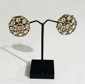 Boucles d'oreilles clous rondes Polki roses de luxe plaquées or, bijoux de mode traditionnels indiens pour mariages et fêtes, pour femmes - Product Image 3