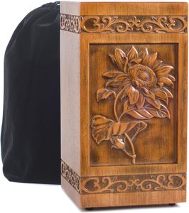 Urna Funeraria de Madera Hecha a Mano para Mascotas, Diseño Rectangular Tallado con Girasol, Duradera para Cenizas Humanas, Urna Masculina/Femenina con Girasol - Product Image 1
