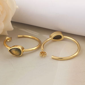 Pendientes de aro clásicos de latón chapado en oro con labradorita arcoíris natural en forma de pera, elegantes para mujer, ideales para regalo. - Product Image 4