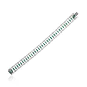 18K Yellow <b>Gold</b> Art Deco <b>Bangle</b> Bracelet with Emerald Cut Diamond and Baguette Emerald - Product Image 2