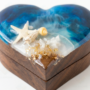 Caja de Joyería de Bambú con Resina Epoxi Pulida en Forma de Corazón, Caja para Anillo de Compromiso con Ola Oceánica 3D, Estilo Marino, para Regalo - Product Image 3