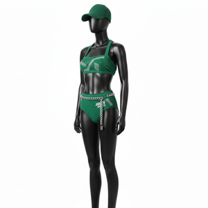 ชุดบิกินี่ผู้หญิงสีเขียวมรกต ผ้าไนลอนผสมสแปนเด็กซ์แบบริบ พรีเมียม GSM พร้อมโลโก้คริสตัลแบบรีดร้อน - Product Image 4