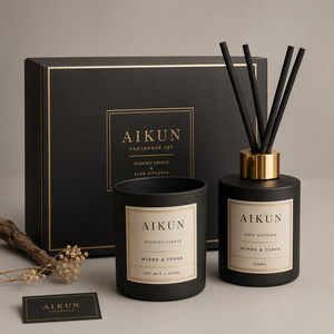 ชุดของขวัญเทียนหอมกลิ่นถั่วเหลืองสีดำด้าน AIKUN พร้อมก้านไม้หอมและกล่องของขวัญ สำหรับตกแต่งในช่วงเทศกาล - Product Image 1