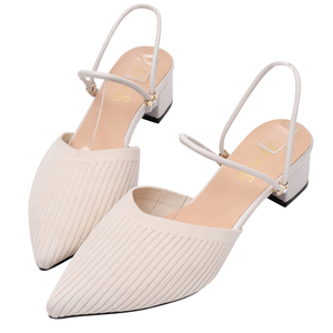 Ann'S Women Pointed Toe Slip-On <b>Block</b> Heel 4cm Knit Beige Dress Pumps - Product Image 1
