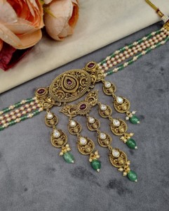 Designer Beaded Choker Necklace <b>Set</b> With Drop Beads Earrings And Mangtika Ethnic Festive Wear Fashion <b>Jewellery</b> <b>Set</b> Manufacturer - Product Image 5
