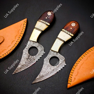 Handmade Damascus Steel Drop Point Finger Hole Serrated Edge DIY Camping Skinner Knife Leather Sheath High Quality Razor Sharp - Product Image 3