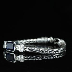 Gold Plated 925 Sterling Silver Men's Retro Punk Style Hand Braided Inlaid Blue Zircon Chain & Link Bracelet - Product Image 2