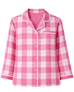 Ensemble de pyjama pour femmes à carreaux rose et blanc, manches longues, boutonné, vêtements de nuit en coton doux, ensemble de deux pièces, ensemble confortable pour se détendre - Product Image 2