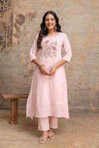 Pink Embroidered Pure Cotton <b>Women</b> Salwar Kameez Set 3/4th Sleeve <b>Kurti</b> & Pant with Dupatta <b>for</b> Party Wedding - Product Image 2