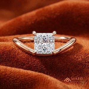 Romantic Rose Gold Princess Cut Engagement <b>Ring</b> - <b>Dainty</b> Wishbone Solitaire Band - Product Image 1