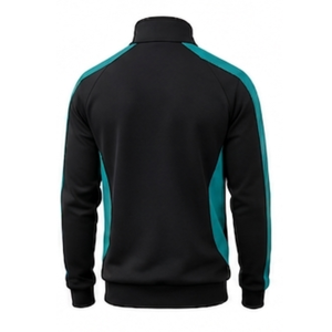 เสื้อแจ็คเก็ตแทร็คแบบสปอร์ตสั่งทำสำหรับผู้ชาย ซิปเต็มตัว สีดำลายจุดสีเขียวอมฟ้า ผลิตจากโพลีเอสเตอร์ เหมาะสำหรับการฝึกซ้อมกีฬา มีกระเป๋าข้าง - Product Image 3