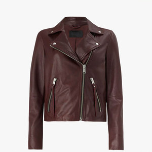 Chaqueta de Motociclista de Cuero Genuino para Mujer, Color Borgoña, Cierre de Cremallera, Manga Larga, Estilo Moto, Ropa de Abrigo para Otoño - Product Image 4