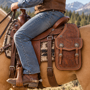 ROYAL INTERNATIONAL Sacs de selle pour chevaux en cuir véritable |   Pochette de rangement latérale pour l'équitation occidentale avec sangles et boucles sécurisées, embossée - Product Image 4