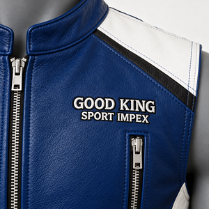 <b>Men's</b> Autumn Blue <b>White</b> Leather Biker Style <b>Vest</b> Stand Collar Sleeveless Zip Waistcoat Contrast Shoulder Side Panels Chest Zip - Product Image 6