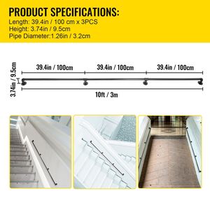 Corrimano Industriale in Acciaio al Carbonio da 3 Metri, Capacità di Carico 200 kg, Componenti per Scale con Design Elegante per Uso Domestico e Ufficio - Product Image 4