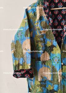 Chaqueta de Algodón Acolchada con Estampado Animal Tropical, Reversible, Estilo Boho Kimono, Mangas Farol, Hecha a Mano con Estampado de Bloques, Talla Estándar - Product Image 6