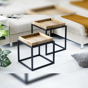 Vandana Modern Harmony <b>Bedroom</b> Furniture Set 2 <b>Side</b> <b>Tables</b> SERVITEUR 50cm Natural Mango Wood <b>Black</b> Metal Frame Solid Nightstands - Product Image 4