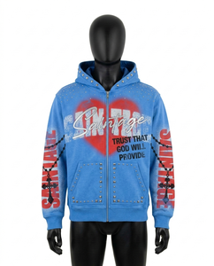 Custom Y2K Streetwear Rhinestone Zip Hoodie Men Heavyweight 100% Cotton Winter Saintage Print Acid Wash Graphic Hoodie - Product Image 4