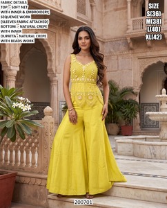 Elegant Cream Embroidered <b>Net</b> <b>Top</b> With Beads Work Natural Crepe Palazzo Pants Set For Women Wedding Party Wear Size S M L XL - Product Image 3