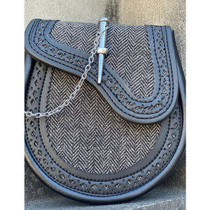 Handmade Men's Scottish Grey Tweed Black Vegan Leather Sporran Scottish Kilt Sporran with Pin Lock & <b>Chain</b> <b>Belt</b> - Product Image 2