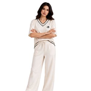 Women's Ivory Solid Casual Two-Piece Set V-Neck <b>Short</b> <b>Sleeve</b> <b>Top</b> and Wide-Leg Drawstring Pants 100% Polyester Breathable - Product Image 3