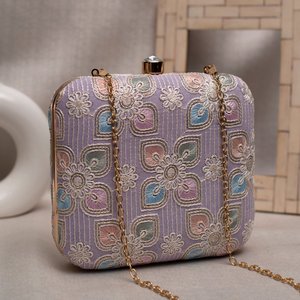 Lavender Floral <b>Thread</b> Embroidery Clutch Bag Elegant Designer Evening Purse for Women Events - Product Image 1