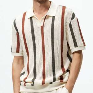 Polo de manga corta para hombre con doble ribete y cuello a rayas en contraste, corte ajustado informal, mezcla de algodón, tops de verano, ropa masculina elegante - Product Image 1
