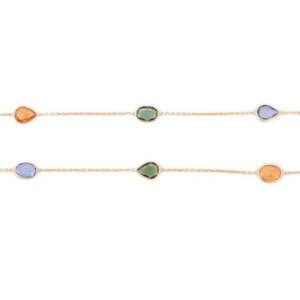 18K Yellow Gold Multi Sapphire Station <b>Necklace</b>-Classic Beaded <b>Chain</b> - Product Image 5