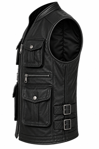 <b>Men's</b> <b>Black</b> PU Leather Moto <b>Vest</b> V-Neck Zipper Closure Plus Size Regular Fit Solid Color Outerwear - Product Image 4
