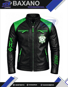 Chaqueta de cuero para motocicleta Chi Eta Phi Sorority para mujer, personalizada, en bloques de color negro y verde, con cremallera frontal, estilo racing. - Product Image 4