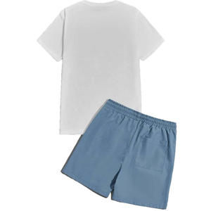 Ensemble T-shirt et short décontracté pour homme, été, blanc, en coton tricoté, col rond, couleur unie, short beige, taille élastique, avec poches - Product Image 4