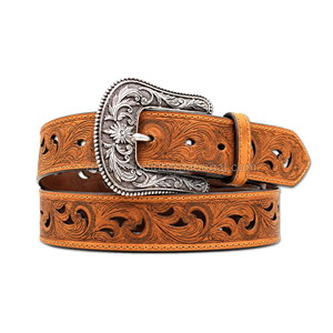 Wholesale Western Cowboy Leather <b>Belt</b> for Men Women Tan Brown Floral Tooled Cutout <b>Belt</b> with Antique <b>Silver</b> Engraved <b>Buckle</b> - Product Image 1