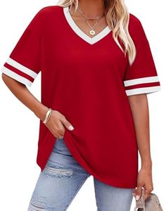 Camiseta de Mujer Roja con Cuello en V, Manga Corta, Tejida, Color Sólido, Corte Holgado, Casual, con Ribete a Rayas, Estilo Primavera-Verano 2026 - Product Image 3