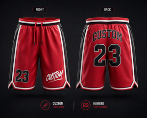 Shorts de basketball personnalisés pour hommes, rouge, noir, blanc, avec bande latérale, cordon de serrage, taille mi-haute, grande taille, impression par sublimation, numéro 23 - Product Image 1